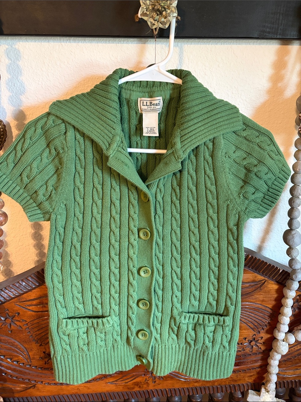 L.L. Bean Green Short-Sleeve Cable-Knit Cardigan